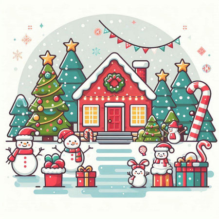 Christmas and New Year greeting card with Santa Claus, snowman, house, Christmas tree and gifts. Vector illustration.のイラスト素材