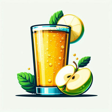 Vector illustration of a glass of apple juice with slices of apple and mint.のイラスト素材