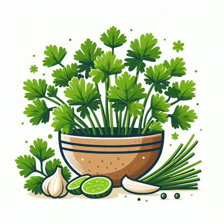 Fresh parsley in a bowl with ingredients for cooking. Vector illustration.のイラスト素材