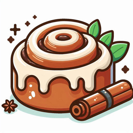 Illustration of a Cinnamon Roll with Cinnamon Sticks and Leavesのイラスト素材