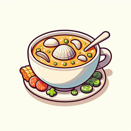 Illustration of a bowl of soup with clams and vegetables.のイラスト素材