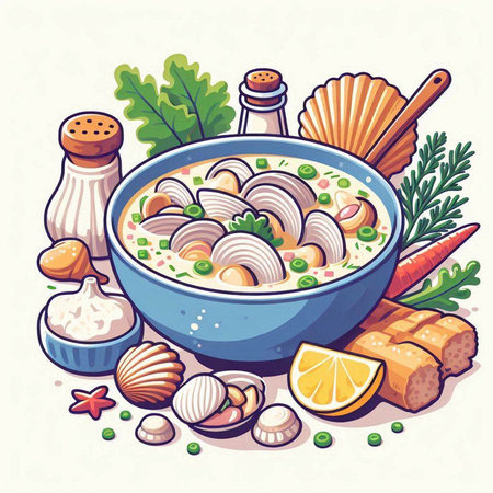 Vector illustration of a bowl of fish soup with noodles, carrots, parsley, lemon and spices.のイラスト素材
