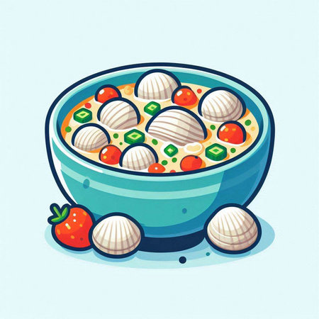 Cartoon vector illustration of bowl of chinese noodle soup with fresh strawberryのイラスト素材