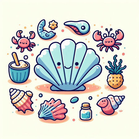 Cute hand drawn vector illustration of seashells, jellyfish, crab, seaweed, starfish, jellyfish, mollusk, crab.のイラスト素材
