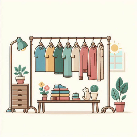Illustration of a hanger with clothes and accessories. Vector illustrationのイラスト素材