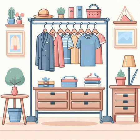 Closet with clothes and accessories. Vector illustration in cartoon style.のイラスト素材