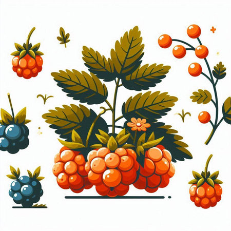 Vector illustration of a bunch of ripe blackberries with leaves and berries.のイラスト素材