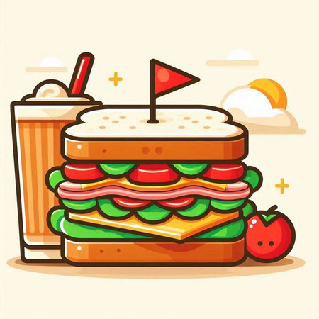 Fast food vector illustration. Hamburger with cheese, ham, tomato and juice.のイラスト素材
