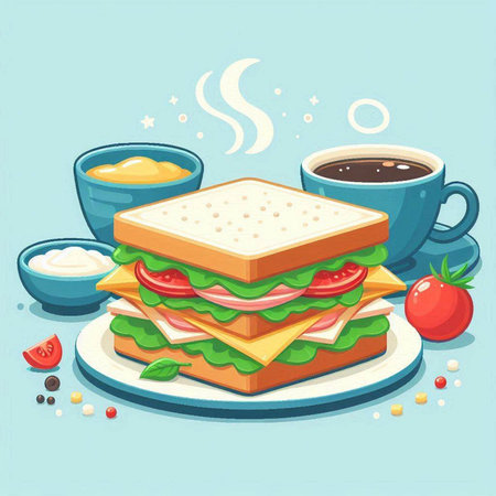 Vector illustration of a sandwich with ham, cheese, lettuce, tomatoes and coffeeのイラスト素材