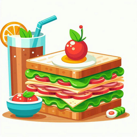 Sandwich with ham, cheese, tomato and lettuce. Vector illustration.のイラスト素材