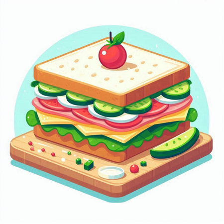 Sandwich with cheese, ham, tomato and cucumber. Vector illustrationのイラスト素材