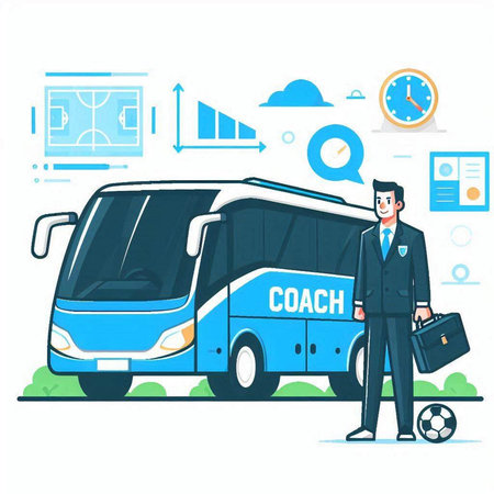 Businessman standing near bus and holding briefcase. Vector illustration in cartoon styleのイラスト素材