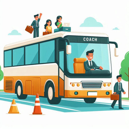 Business people traveling by bus. Bus tour concept. Vector illustration.のイラスト素材