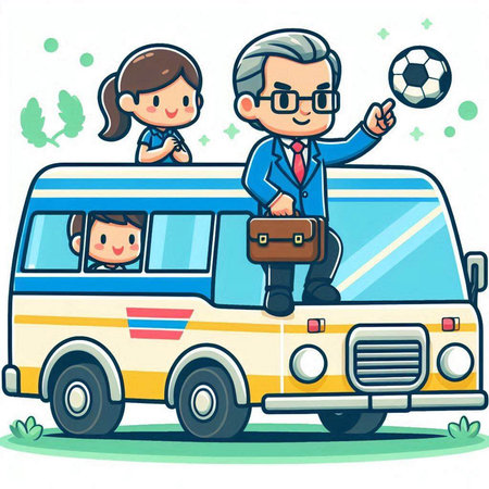 Family traveling by bus. Vector illustration of a family traveling by bus.のイラスト素材