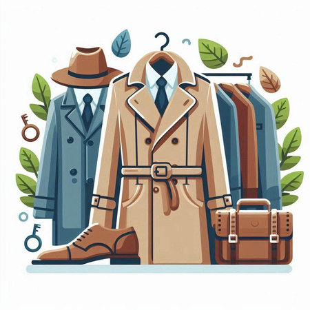 Vector illustration of a man's coat, shoes and briefcase on a white background.のイラスト素材
