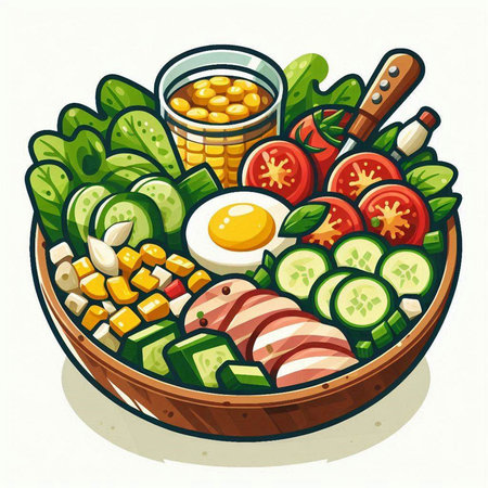 Vegetable salad in a wooden bowl. Vector illustration of healthy food.のイラスト素材