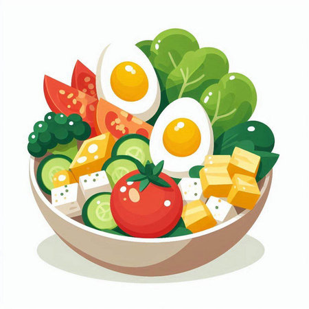 Salad with cheese and vegetables in a bowl. Vector illustration.のイラスト素材