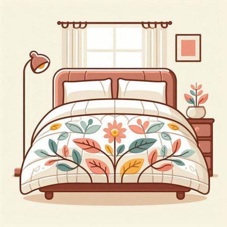 Illustration of a cozy bedroom with a double bed and a windowのイラスト素材