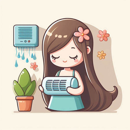 Cute cartoon girl with long hair and the air conditioner.のイラスト素材