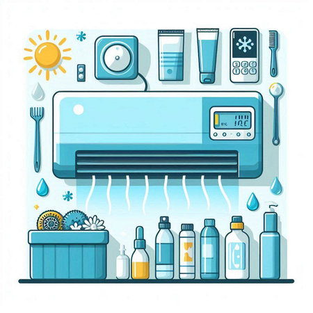 Air conditioner and cleaning equipment. Vector illustration in flat style.のイラスト素材
