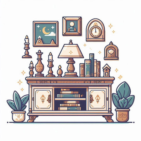 Illustration of a bookshelf with books, clock, crescent moon and other elementsのイラスト素材
