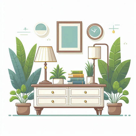 Interior of living room with furniture and plants. Vector illustration.のイラスト素材