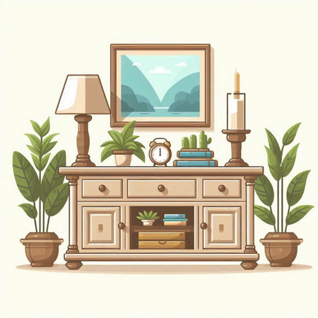 Illustration of a vintage chest of drawers with plants and lampのイラスト素材