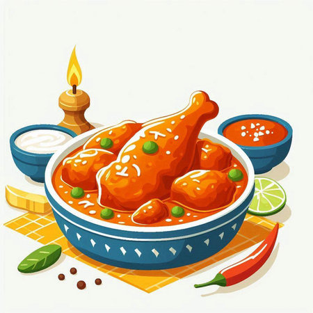 Illustration of a bowl of spicy chicken drumstick in tomato sauce.のイラスト素材