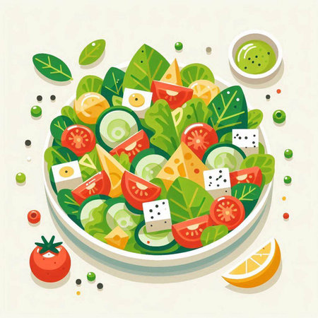 Vegetable salad in a bowl. Vector illustration of healthy food.のイラスト素材