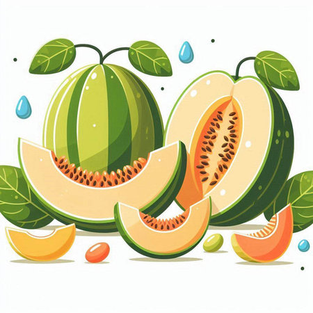 Melons and water drops isolated on white background. Vector illustration.のイラスト素材