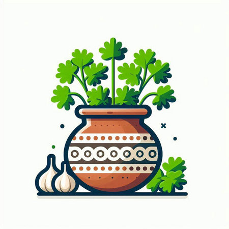 Pot with parsley and garlic. Vector illustration in flat style.のイラスト素材