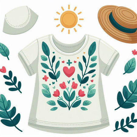 Vector illustration of summer clothes and accessories. T-shirt, hat, sun, flowers, leaves.のイラスト素材
