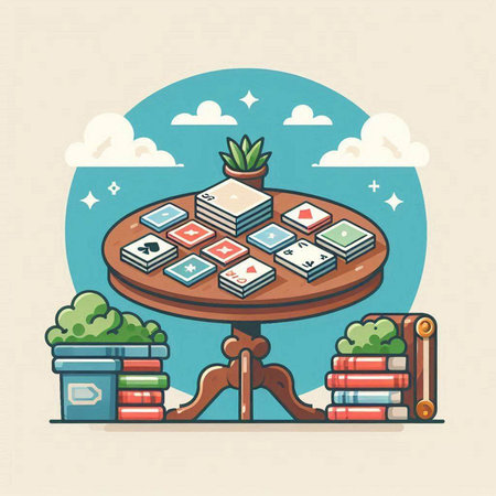 Illustration of a wooden table with books and a potted plantのイラスト素材