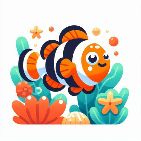 Cute cartoon clownfish on the coral reef. Vector illustration.のイラスト素材