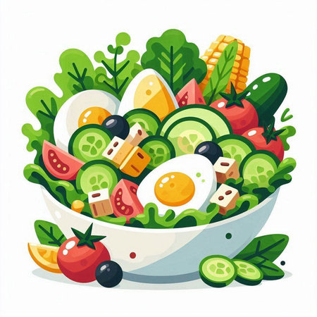 Vegetarian salad in a bowl. Vector illustration isolated on white background.のイラスト素材