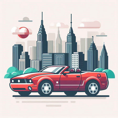 Retro car on the background of the city. Vector illustration.のイラスト素材