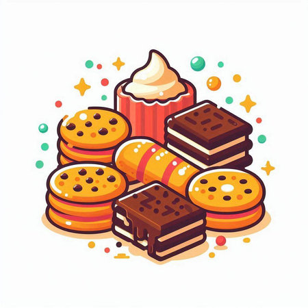 Illustration of delicious cookies with whipped cream and chocolate on white backgroundのイラスト素材