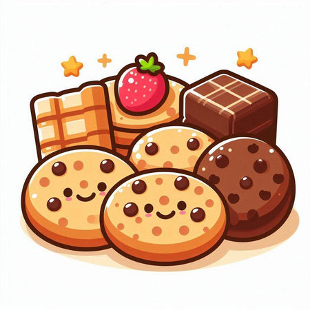 Illustration of a group of chocolate chip cookies with a strawberry.のイラスト素材