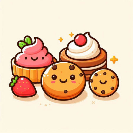 Cute cartoon vector illustration of cupcake, strawberry and cream.のイラスト素材