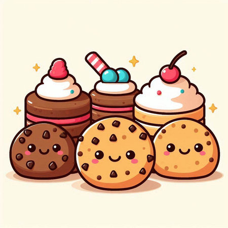 Cute vector illustration of chocolate chip cookies with cherry and ice creamのイラスト素材