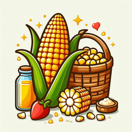 Illustration of a basket full of corn and a bottle of juiceのイラスト素材