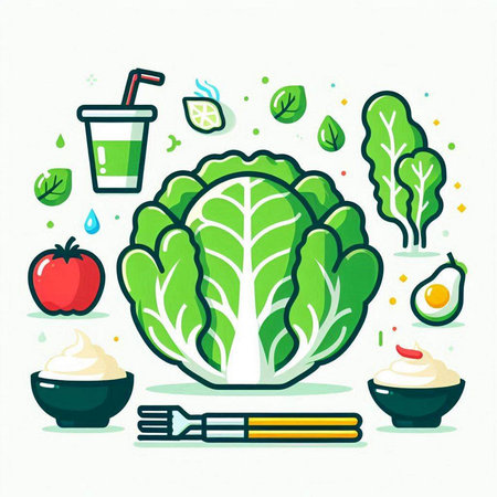 Vegetarian food concept. Cabbage, avocado, tomato, yogurt, cucumber, lettucennaise. Vector illustration.のイラスト素材