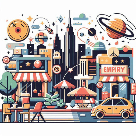 Vector illustration of a city street with buildings, cars and people.のイラスト素材