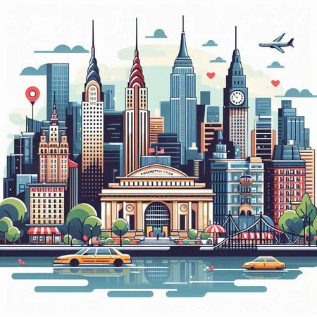 New York City skyline with skyscrapers. Vector illustration in flat styleのイラスト素材