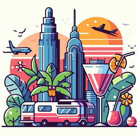 Vector illustration of modern city in flat style. Travel and tourism concept.のイラスト素材