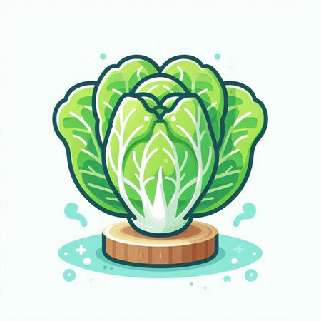 Illustration of a fresh green lettuce on a wooden stand on a white backgroundのイラスト素材