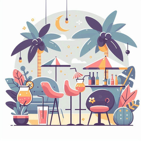 Cafe with palm trees, chairs, table and drinks. Flat vector illustration.のイラスト素材