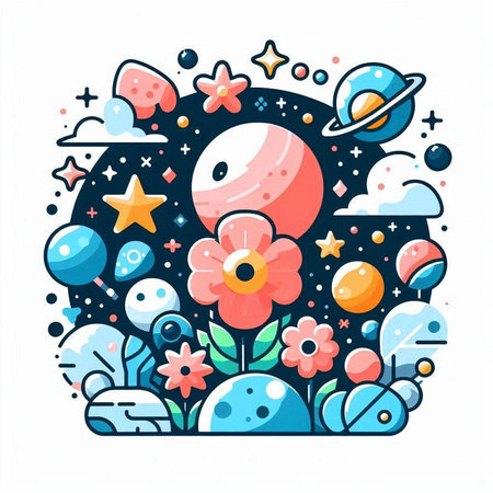 Vector illustration with cute hand drawn planets, stars and flowers in doodle style.のイラスト素材