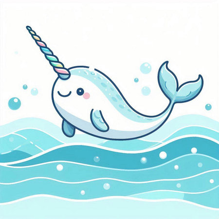 Cute cartoon whale on a rope in the sea. Vector illustration.のイラスト素材