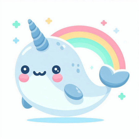 Cute cartoon narwhal character with rainbow. Vector illustration.のイラスト素材